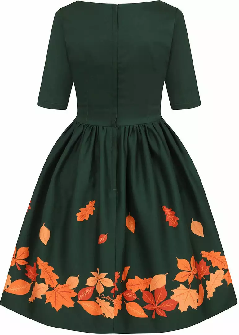 Collectif Amber Lea Leaves 50's Swing Dress Green New In 6 Collectif Amber Lea Leaves 50's Swing Dress Green New In