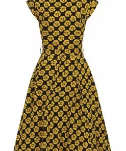 Collectif Violet Vintage Fleur 40's Swing Dress Mustard Black