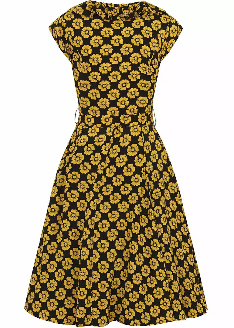 Collectif Violet Vintage Fleur 40's Swing Dress Mustard Black