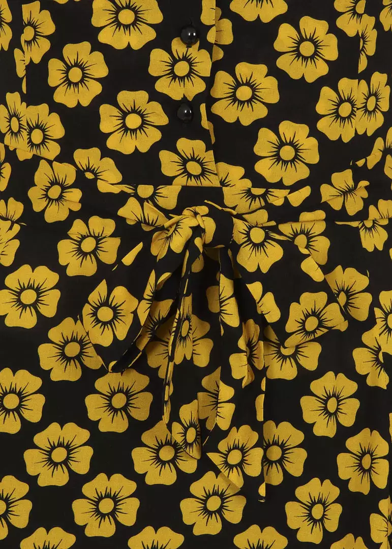 Collectif Violet Vintage Fleur 40's Swing Dress Mustard Black