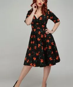 New In Collectif Trixie Midnight Lily 50's Swing Dress Black