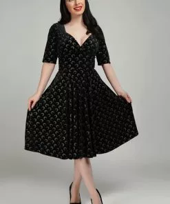 Collectif Trixie Glitter Moon Velvet 50's Swing Dress Black Silver New In