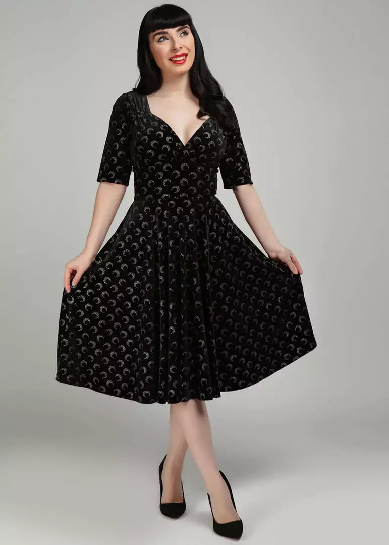 Collectif Trixie Glitter Moon Velvet 50's Swing Dress Black Silver New In 4 Collectif Trixie Glitter Moon Velvet 50's Swing Dress Black Silver New In