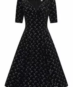 Collectif Trixie Glitter Moon Velvet 50's Swing Dress Black Silver New In