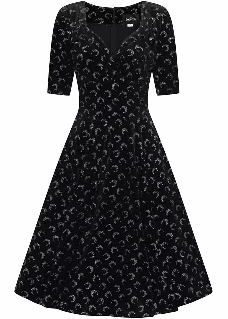 Collectif Trixie Glitter Moon Velvet 50's Swing Dress Black Silver New In 3 Collectif Trixie Glitter Moon Velvet 50's Swing Dress Black Silver New In