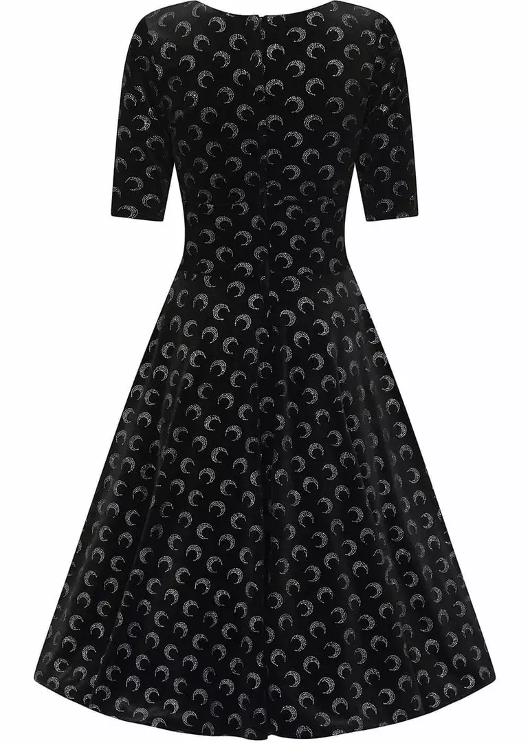 Collectif Trixie Glitter Moon Velvet 50's Swing Dress Black Silver New In 6 Collectif Trixie Glitter Moon Velvet 50's Swing Dress Black Silver New In