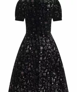 Collectif Peta Spooky Velvet 40's Swing Dress Black New In