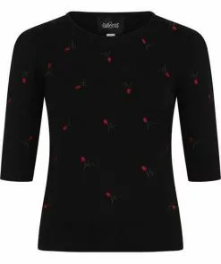 Collectif Chrissie Floral Embroidery Knitted 50's Top Black New In