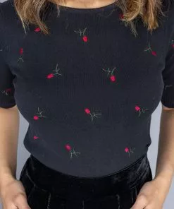 Collectif Chrissie Floral Embroidery Knitted 50's Top Black New In