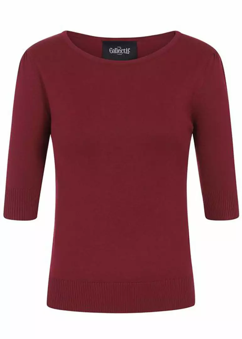 Collectif Chrissie Knitted 50's Top Burgundy Red New In 3 Collectif Chrissie Knitted 50's Top Burgundy Red New In