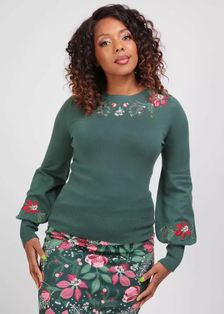 New In Collectif Stevie Escapist Floral 50's Jumper Green 4 New In Collectif Stevie Escapist Floral 50's Jumper Green