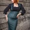 Collectif Karen Houndstooth 40's Suspender Pencil Skirt Green