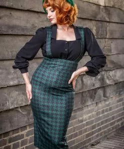 Collectif Karen Houndstooth 40's Suspender Pencil Skirt Green