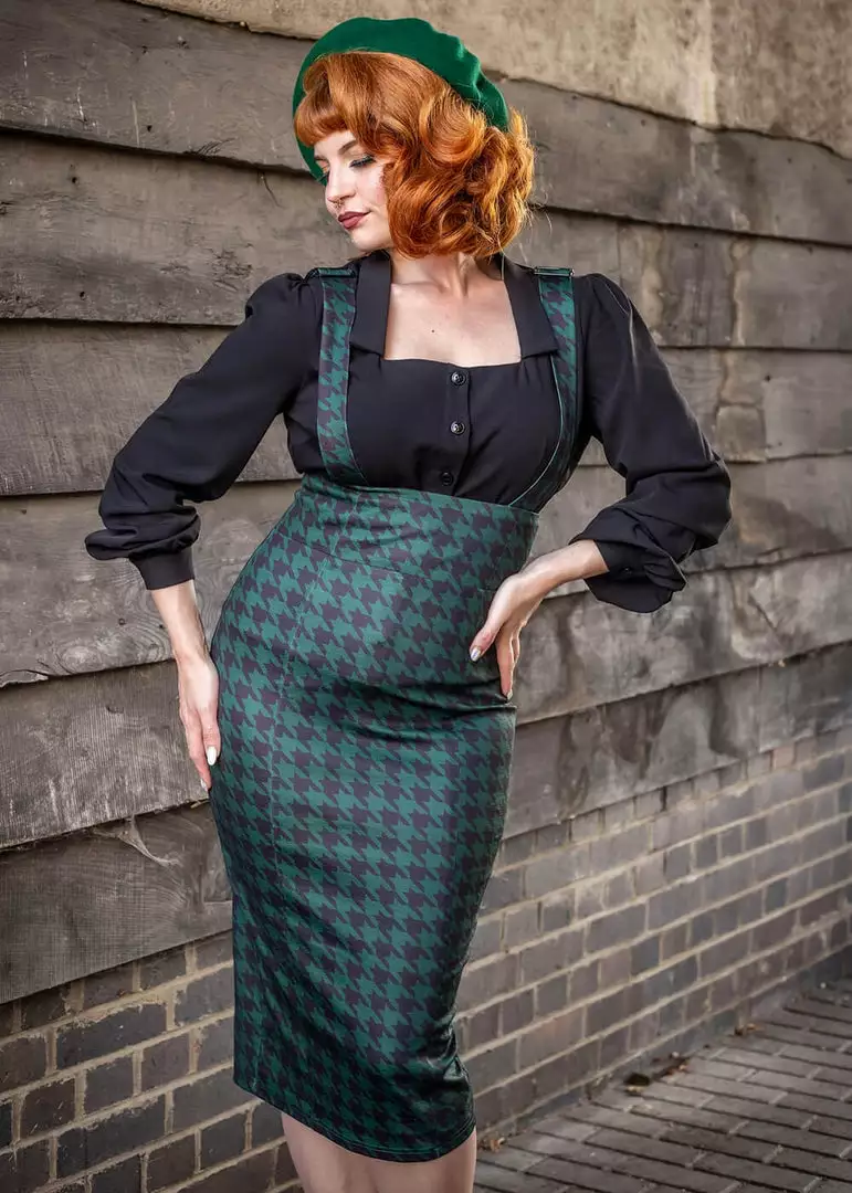 Collectif Karen Houndstooth 40's Suspender Pencil Skirt Green 3 Collectif Karen Houndstooth 40's Suspender Pencil Skirt Green