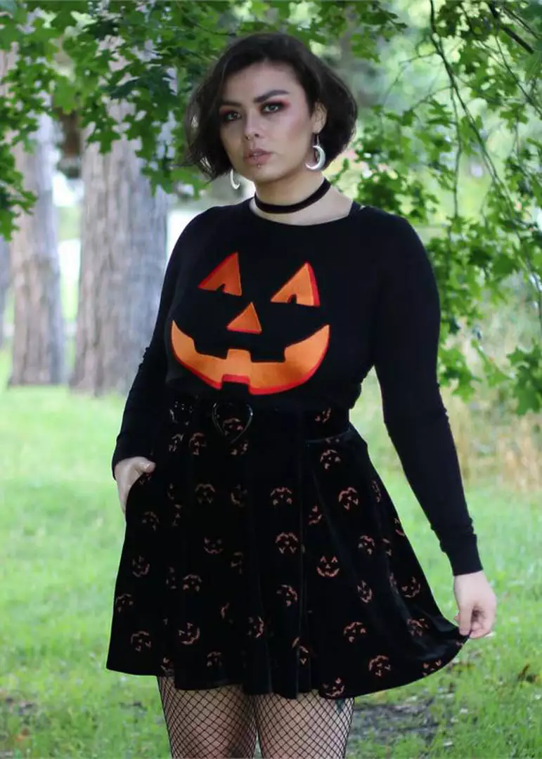 Collectif Adore Pumpkin Glitter 60's Skater Skirt Black Orange New In 4 Collectif Adore Pumpkin Glitter 60's Skater Skirt Black Orange New In