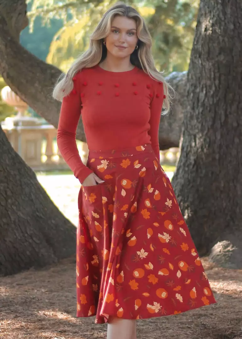 New In Collectif Silvia Hedgehog & Leaves 50's Swing Skirt Red 5 New In Collectif Silvia Hedgehog & Leaves 50's Swing Skirt Red