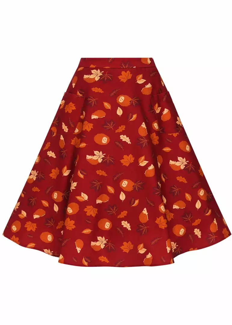 New In Collectif Silvia Hedgehog & Leaves 50's Swing Skirt Red 3 New In Collectif Silvia Hedgehog & Leaves 50's Swing Skirt Red