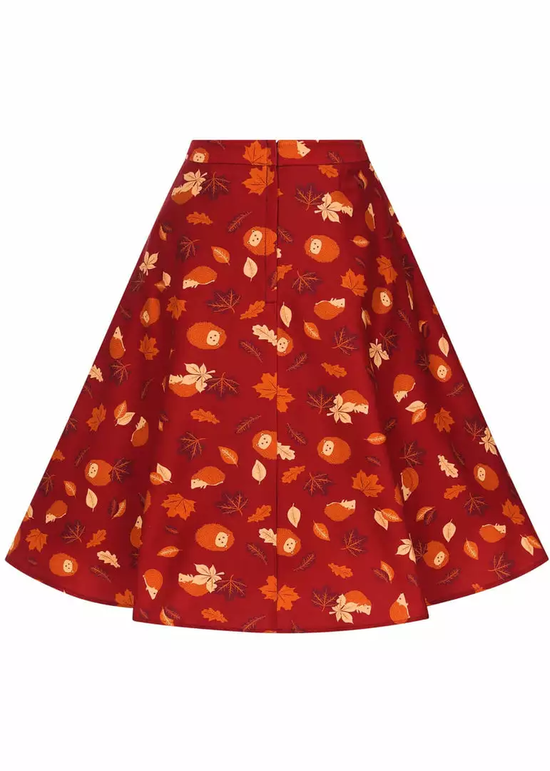 New In Collectif Silvia Hedgehog & Leaves 50's Swing Skirt Red 6 New In Collectif Silvia Hedgehog & Leaves 50's Swing Skirt Red