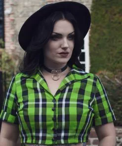 Collectif Ivy Frogs Breath Check 50's Shirt Green New In