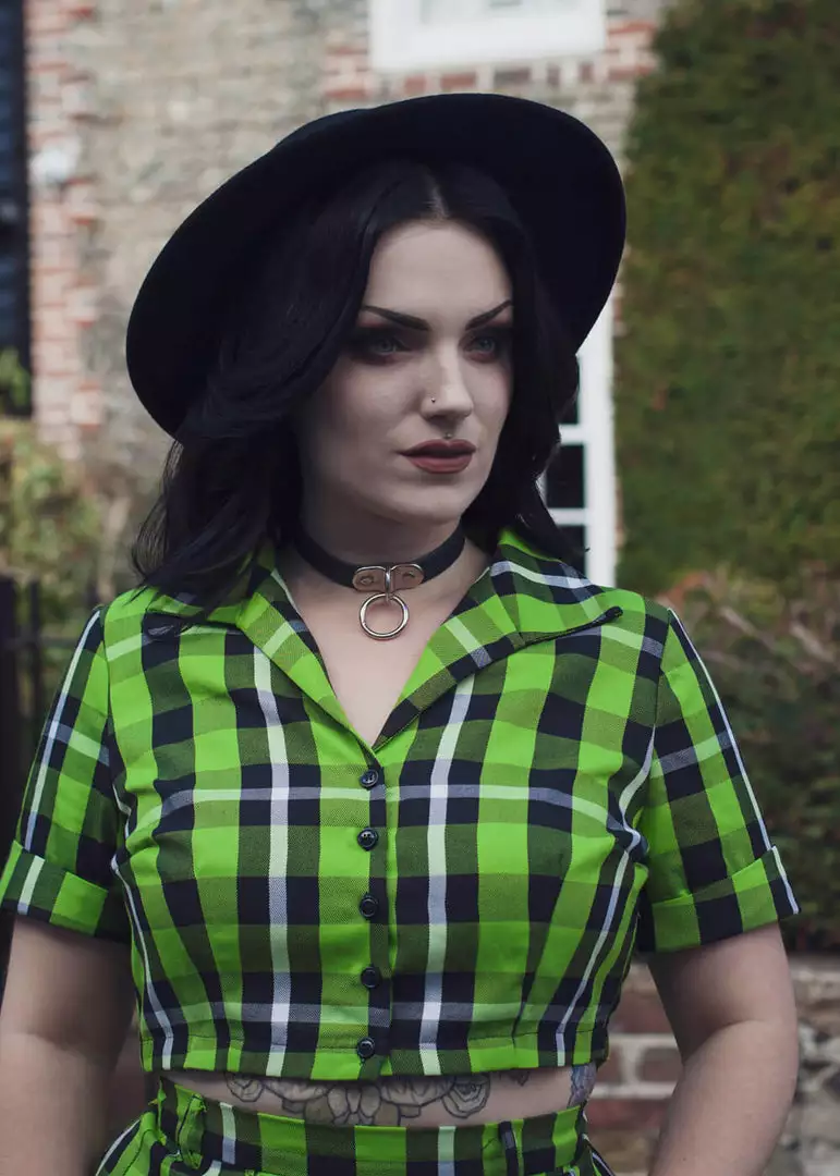 Collectif Ivy Frogs Breath Check 50's Shirt Green New In 4 Collectif Ivy Frogs Breath Check 50's Shirt Green New In