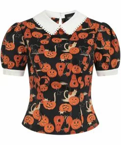 Collectif Peta Pumpkins And Cats 40's Top Black Orange