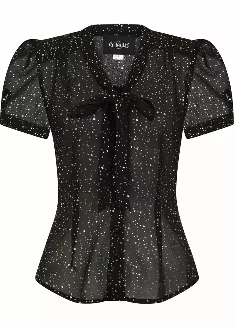 Collectif Tura Little Stars 40's Blouse Black New In 3 Collectif Tura Little Stars 40's Blouse Black New In