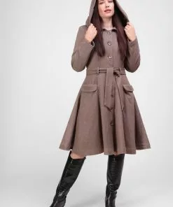 New In Collectif Olivia Hooded 40's Swing Coat Brown
