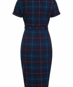 Collectif Caterina Mermaid Check 40's Pencil Dress Teal 8 Collectif Caterina Mermaid Check 40's Pencil Dress Teal