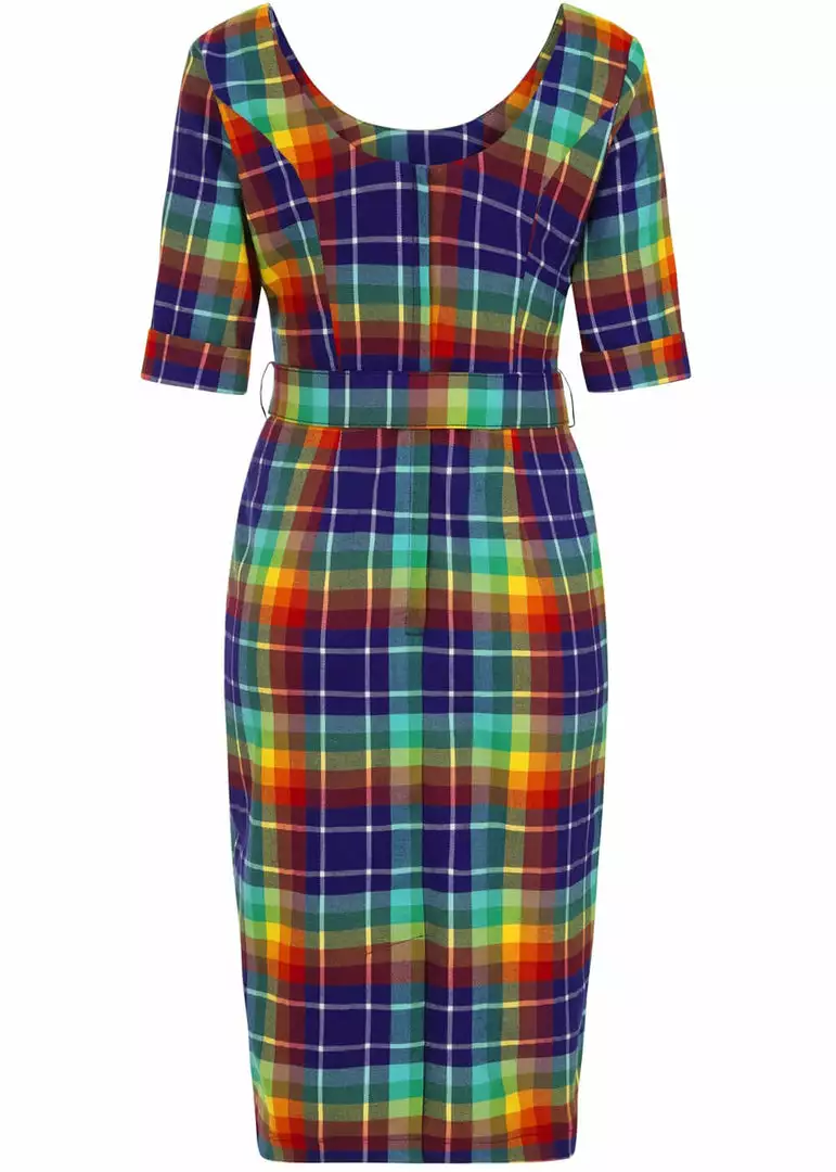 New In Collectif June Rainbow Check 50's Pencil Dress Multi 6 New In Collectif June Rainbow Check 50's Pencil Dress Multi