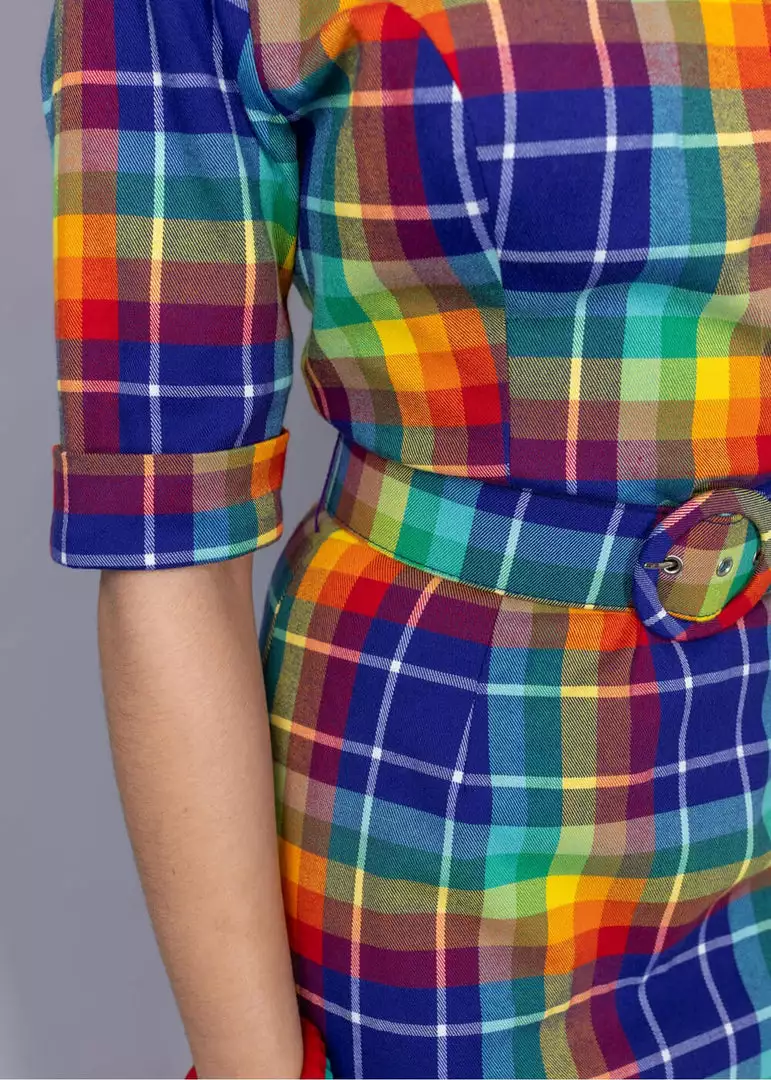 New In Collectif June Rainbow Check 50's Pencil Dress Multi 9 New In Collectif June Rainbow Check 50's Pencil Dress Multi