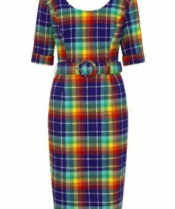 New In Collectif June Rainbow Check 50's Pencil Dress Multi