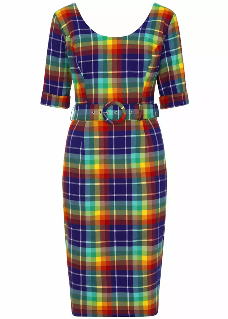 New In Collectif June Rainbow Check 50's Pencil Dress Multi 3 New In Collectif June Rainbow Check 50's Pencil Dress Multi