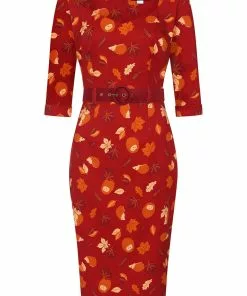 New In Collectif Katya Hedgehogs And Leaves 50's Pencil Dress Red