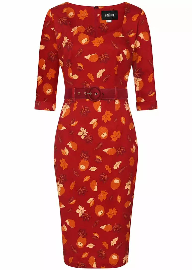 New In Collectif Katya Hedgehogs And Leaves 50's Pencil Dress Red 3 New In Collectif Katya Hedgehogs And Leaves 50's Pencil Dress Red