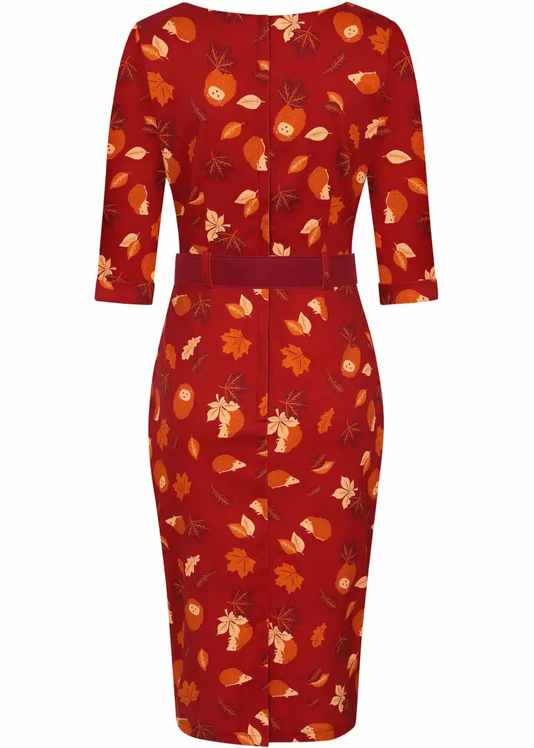 New In Collectif Katya Hedgehogs And Leaves 50's Pencil Dress Red 6 New In Collectif Katya Hedgehogs And Leaves 50's Pencil Dress Red