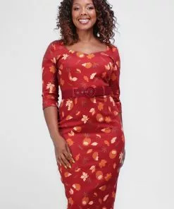 New In Collectif Katya Hedgehogs And Leaves 50's Pencil Dress Red 8 New In Collectif Katya Hedgehogs And Leaves 50's Pencil Dress Red