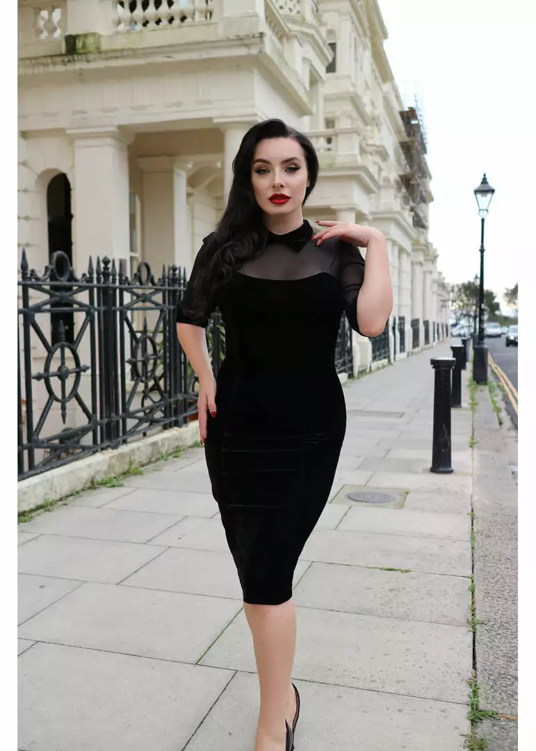 Collectif Wednesday Velvet 50's Pencil Dress Black New In 3 Collectif Wednesday Velvet 50's Pencil Dress Black New In