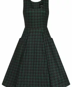 Collectif Gael Houndstooth Pinafore 40's Swing Dress Green
