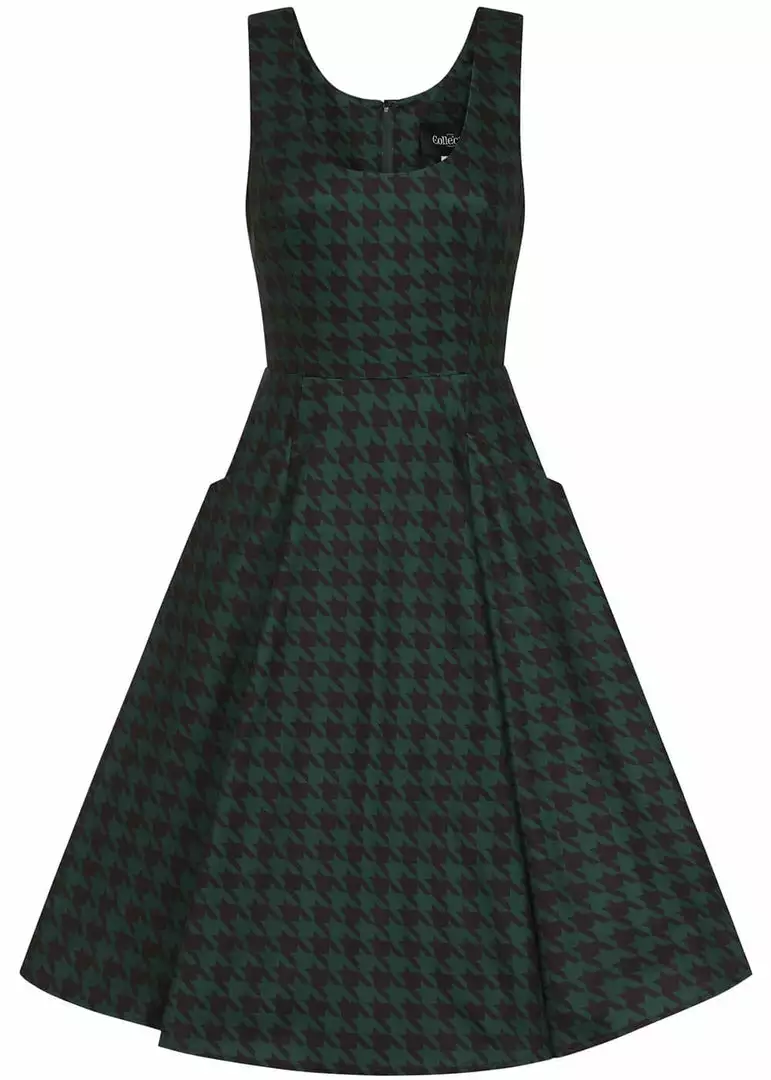 Collectif Gael Houndstooth Pinafore 40's Swing Dress Green 3 Collectif Gael Houndstooth Pinafore 40's Swing Dress Green