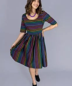 Collectif Amber-Lea Dark Rainbow 50's Swing Dress Multi New In
