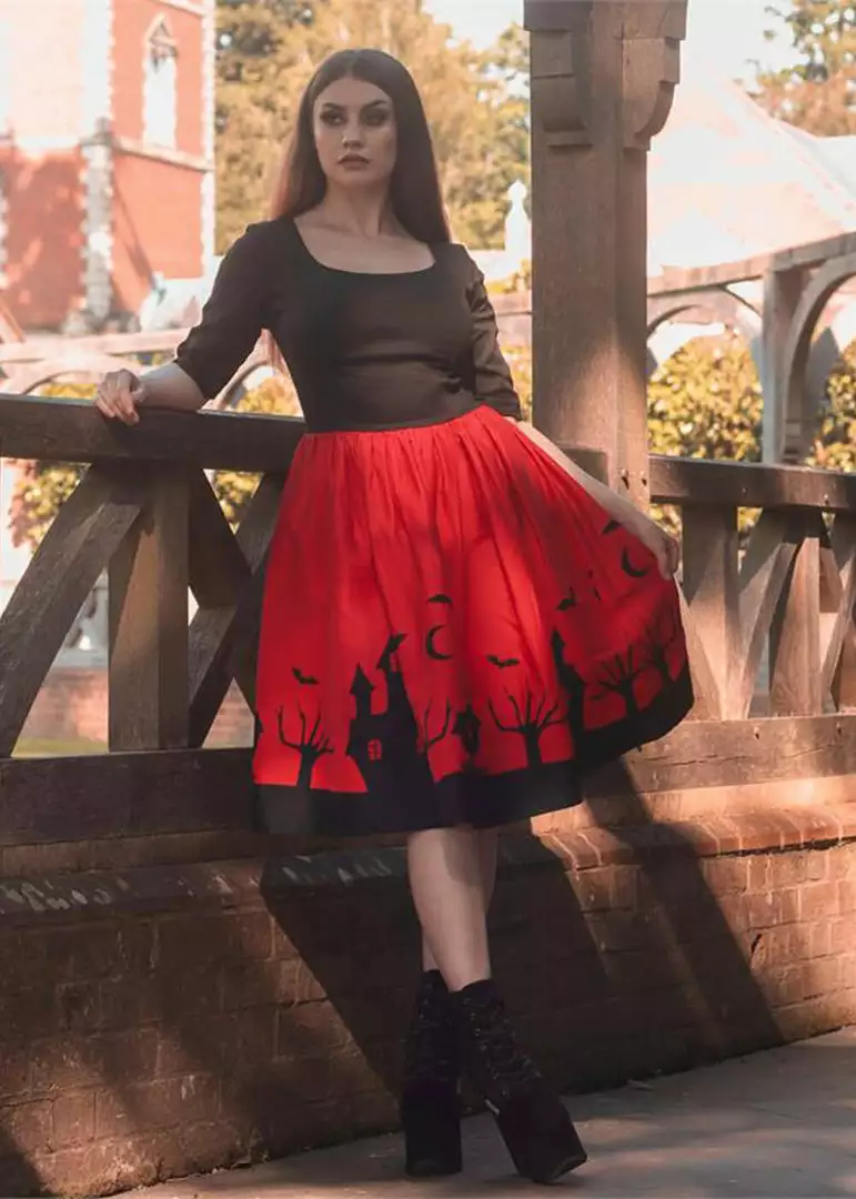 New In Collectif Amber Lea Haunted House 50's Swing Dress Red 4 New In Collectif Amber Lea Haunted House 50's Swing Dress Red