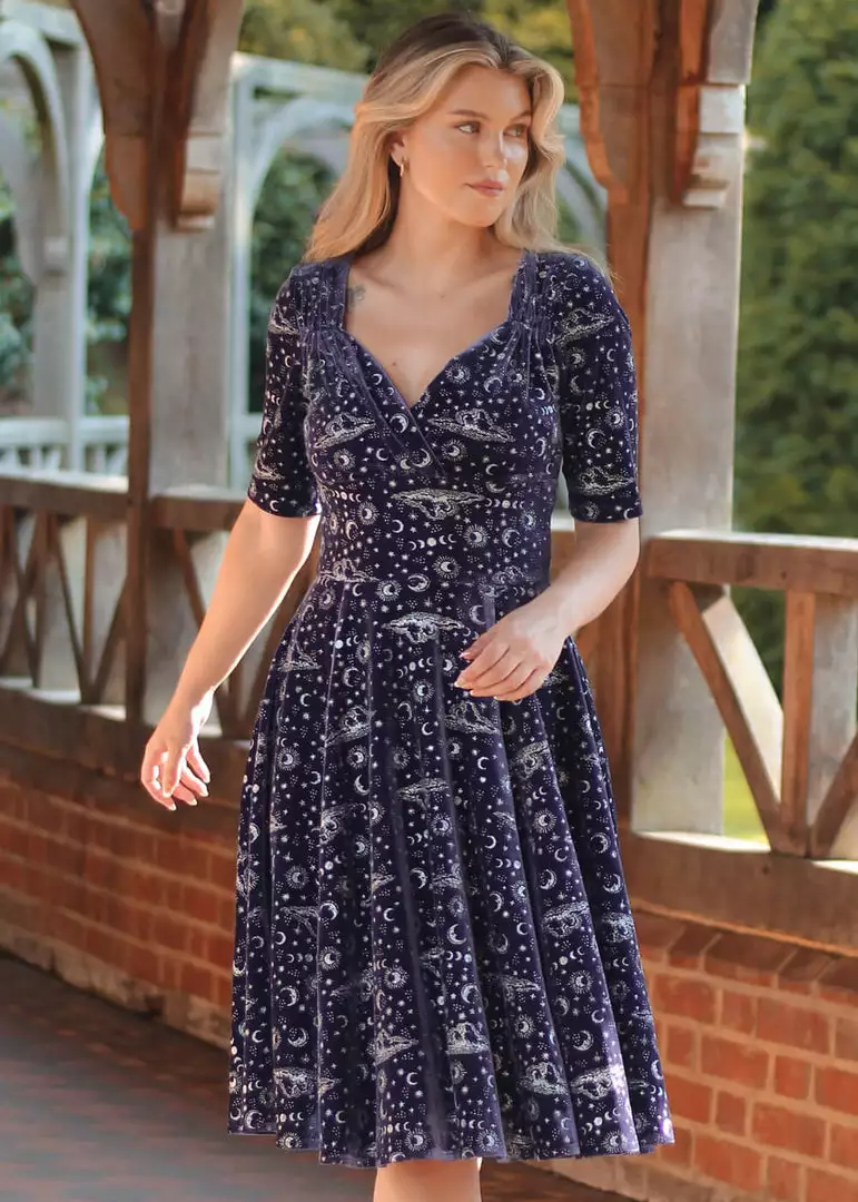 Collectif Trixie Celestial 50's Velvet Swing Dress Purple 3 Collectif Trixie Celestial 50's Velvet Swing Dress Purple