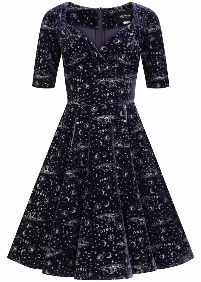 Collectif Trixie Celestial 50's Velvet Swing Dress Purple 4 Collectif Trixie Celestial 50's Velvet Swing Dress Purple