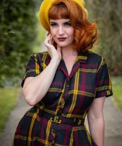 New In Collectif Caterina Giles Check 50's Swing Dress Wine