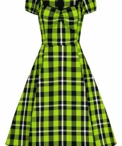 New In Collectif Mimi Frogs Breath Check 50's Swing Dress Green