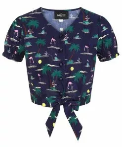 Collectif Misty Flamingo Palm 40's Blouse Navy