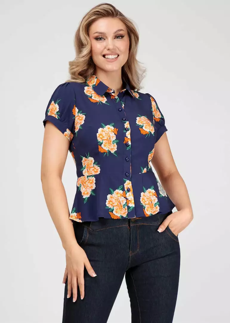 Collectif Mary Grace Spring Floral 40's Blouse In Navy 4 Collectif Mary Grace Spring Floral 40's Blouse In Navy