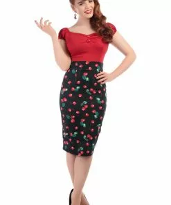 New In Collectif Fiona 50's Cherry Pencil Skirt Black Red Multi 9 New In Collectif Fiona 50's Cherry Pencil Skirt Black Red Multi