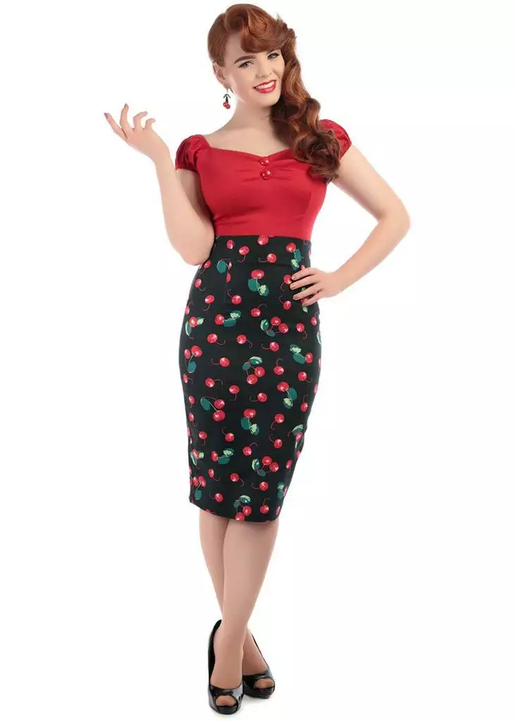 New In Collectif Fiona 50's Cherry Pencil Skirt Black Red Multi 6 New In Collectif Fiona 50's Cherry Pencil Skirt Black Red Multi