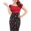 New In Collectif Fiona 50's Cherry Pencil Skirt Black Red Multi